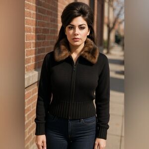 Willismith Women’s Black Sweater With Faux Fur Collar Merino Wool Sz M mob wife